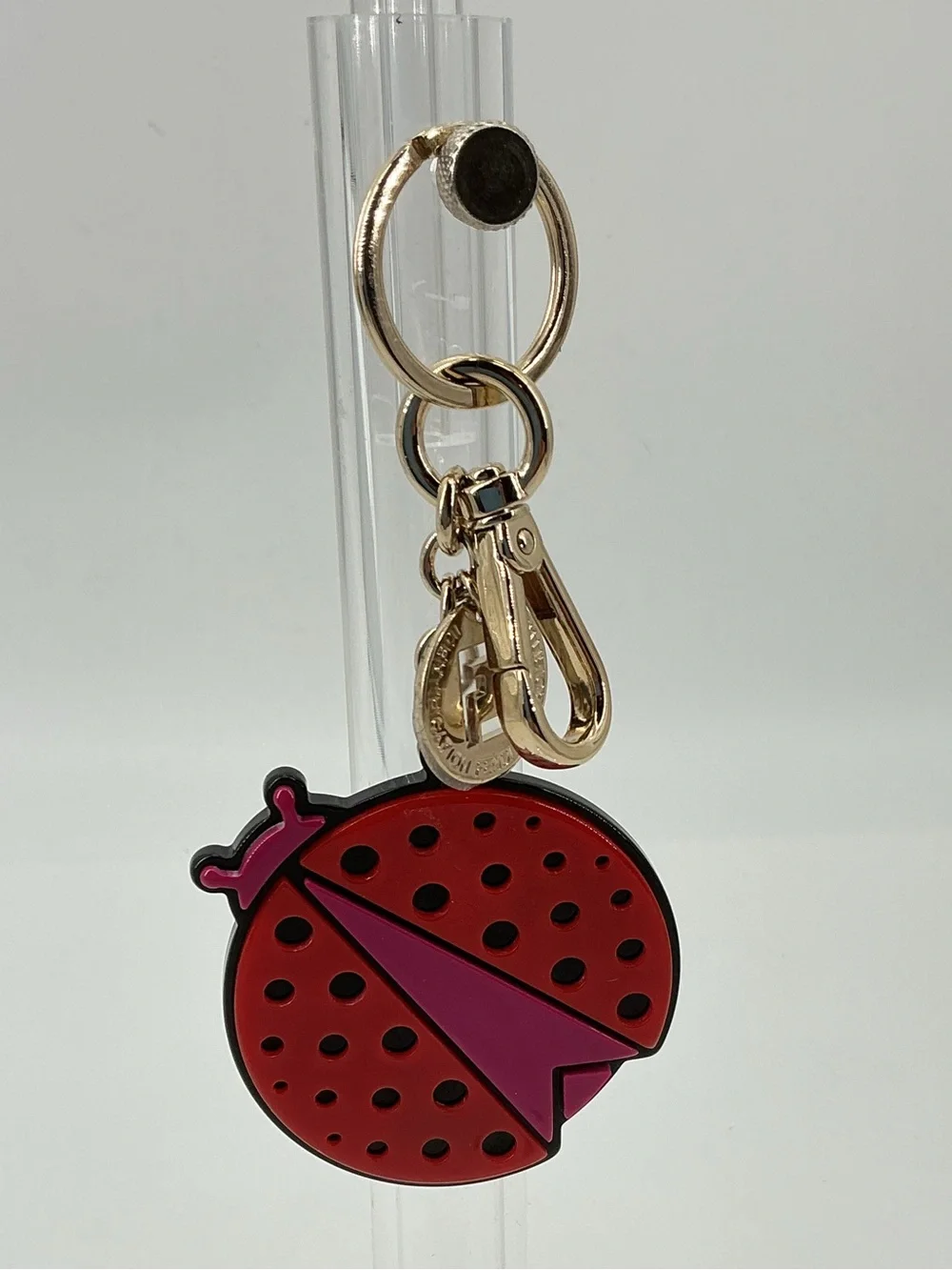 Fendi Ladybug Bug Keychain Bag Charm Red Pink Gold Tone Logo Charm